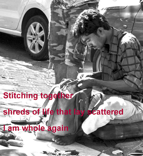 photing, photograph, jotting, stitching, mending, life, street, pavement, haiku