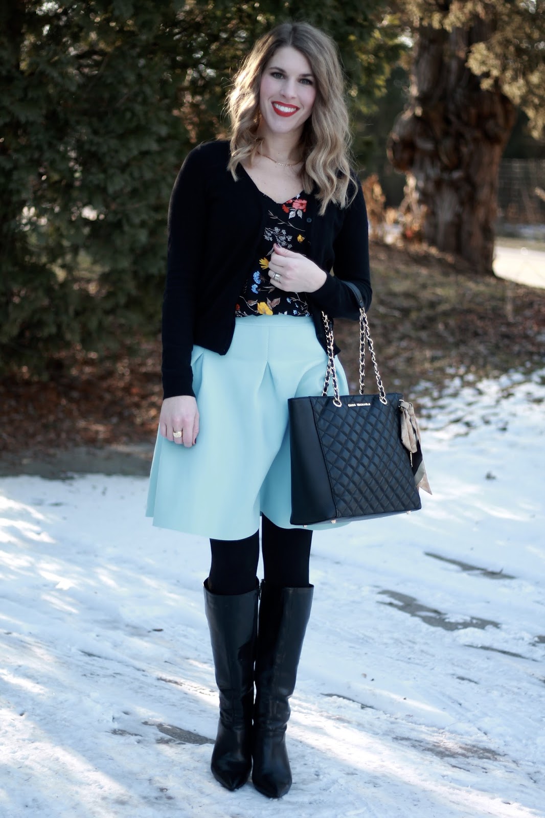 Blue Skirt and Floral Blouse