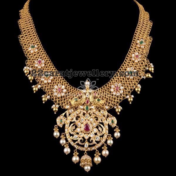 Floral Pachi Necklace with Mesh Chain Jewellery Designs