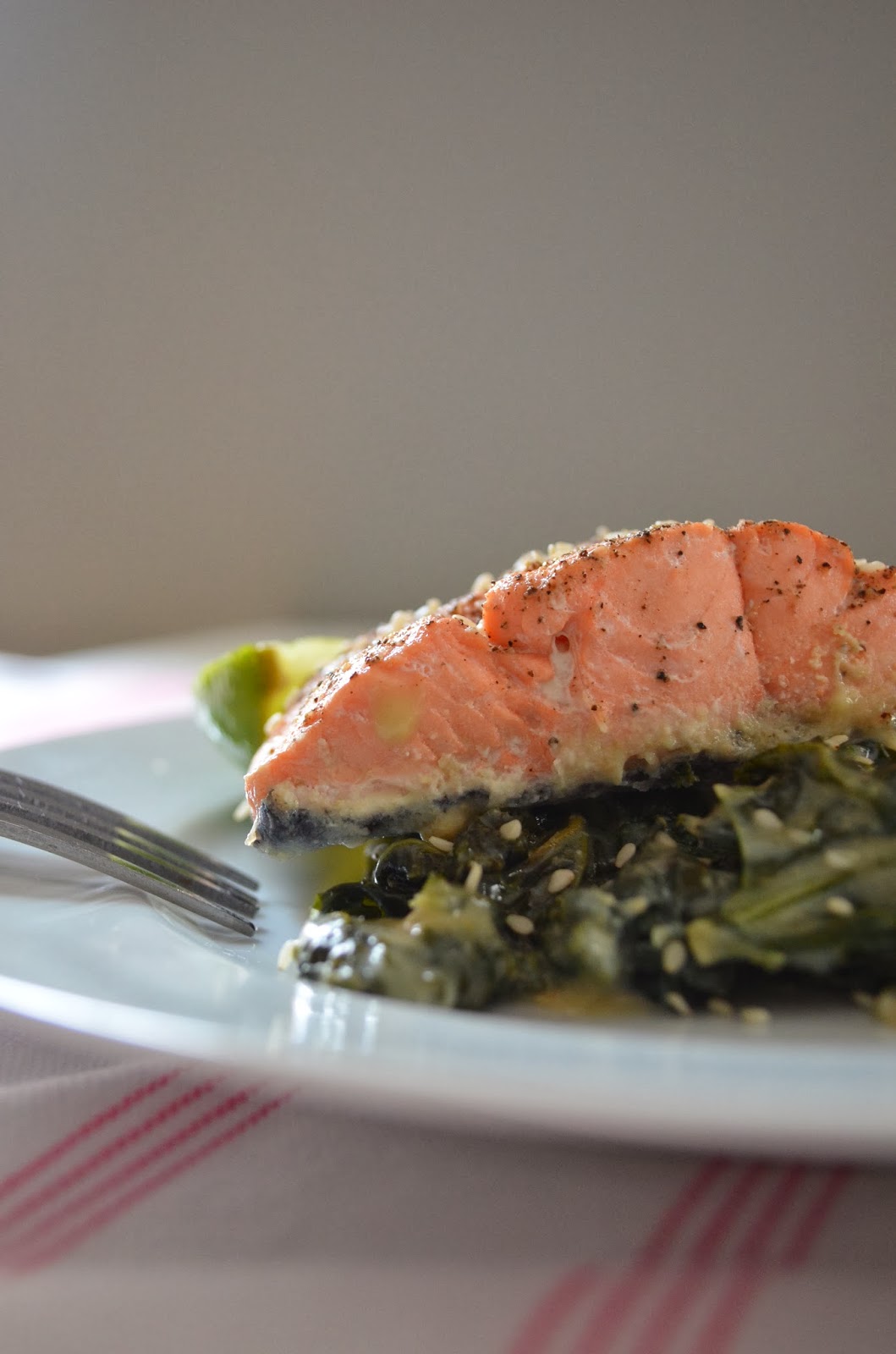 amour fou(d) coconut milk and miso creamed kale with salmon.