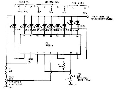 LM3914 bassed Car battery monitor circuit with explanation - Electronic