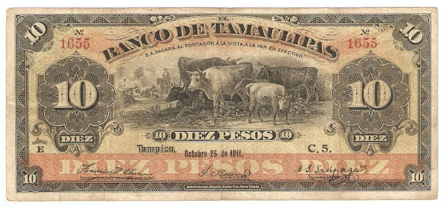 Mexico banknotes 10 Pesos note bill Banco de Tamaulipas