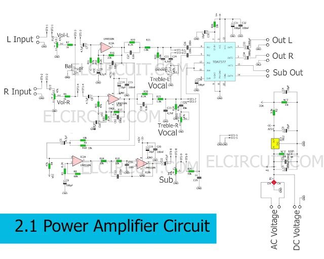 Circuit Schematic of 2.1 Power Amplifier using TDA7377