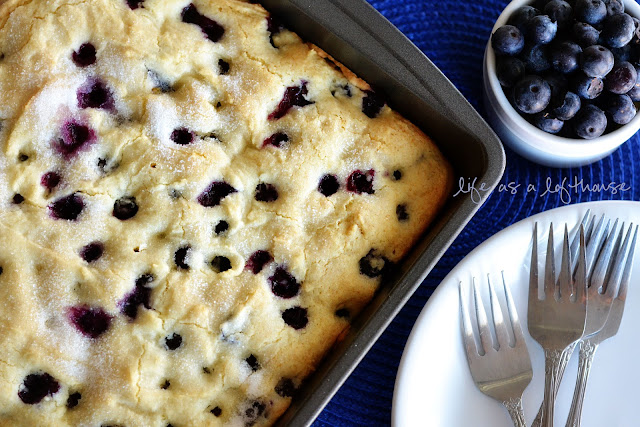 Blueberry Breakfast Cake is a moist, soft vanilla cake filled with fresh blueberries. Life-in-the-Lofthouse.com