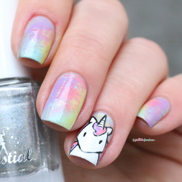 Paint All The Nails Presents Dry Brush kawaii unicorn rainbow nail art