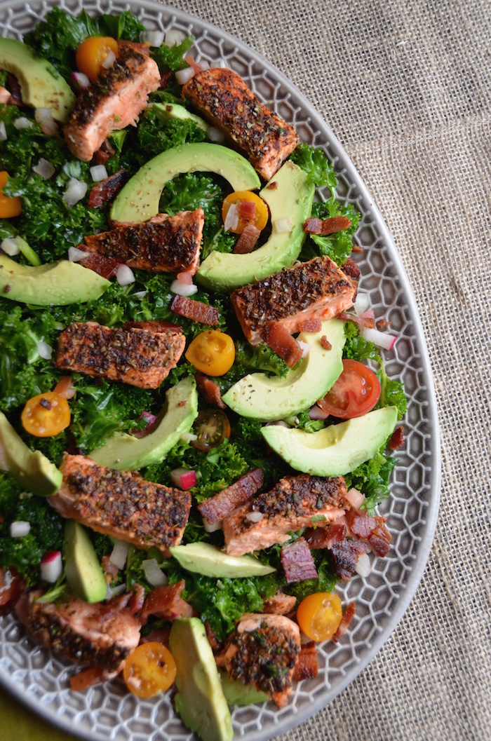 Spicy Herbed Salmon Salad with Kale, Bacon, and Avocado Always Order