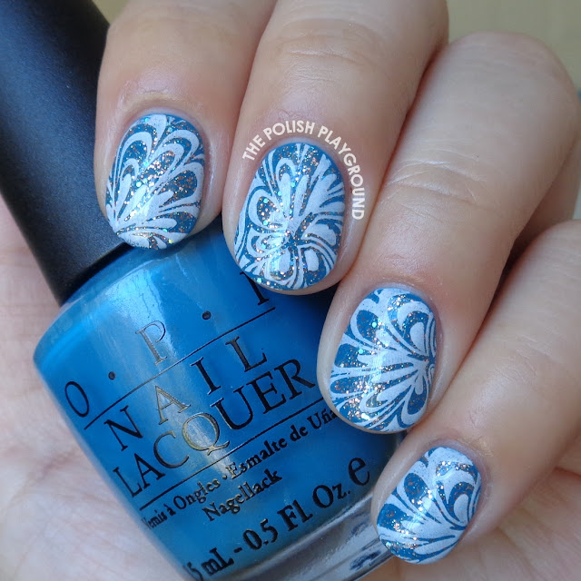Glittery Blue and White Water Marble Stamping Nail Art