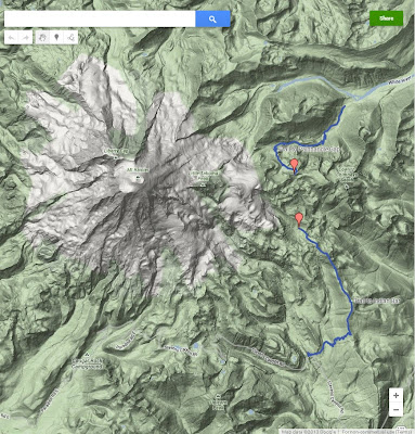 Topo Map Showing Indian Bar Hike Route (Google Maps)