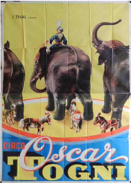 Affiche en deux panneaux du cirque Italien Oscar Togni avec comme sujet des poneys et des éléphants en piste