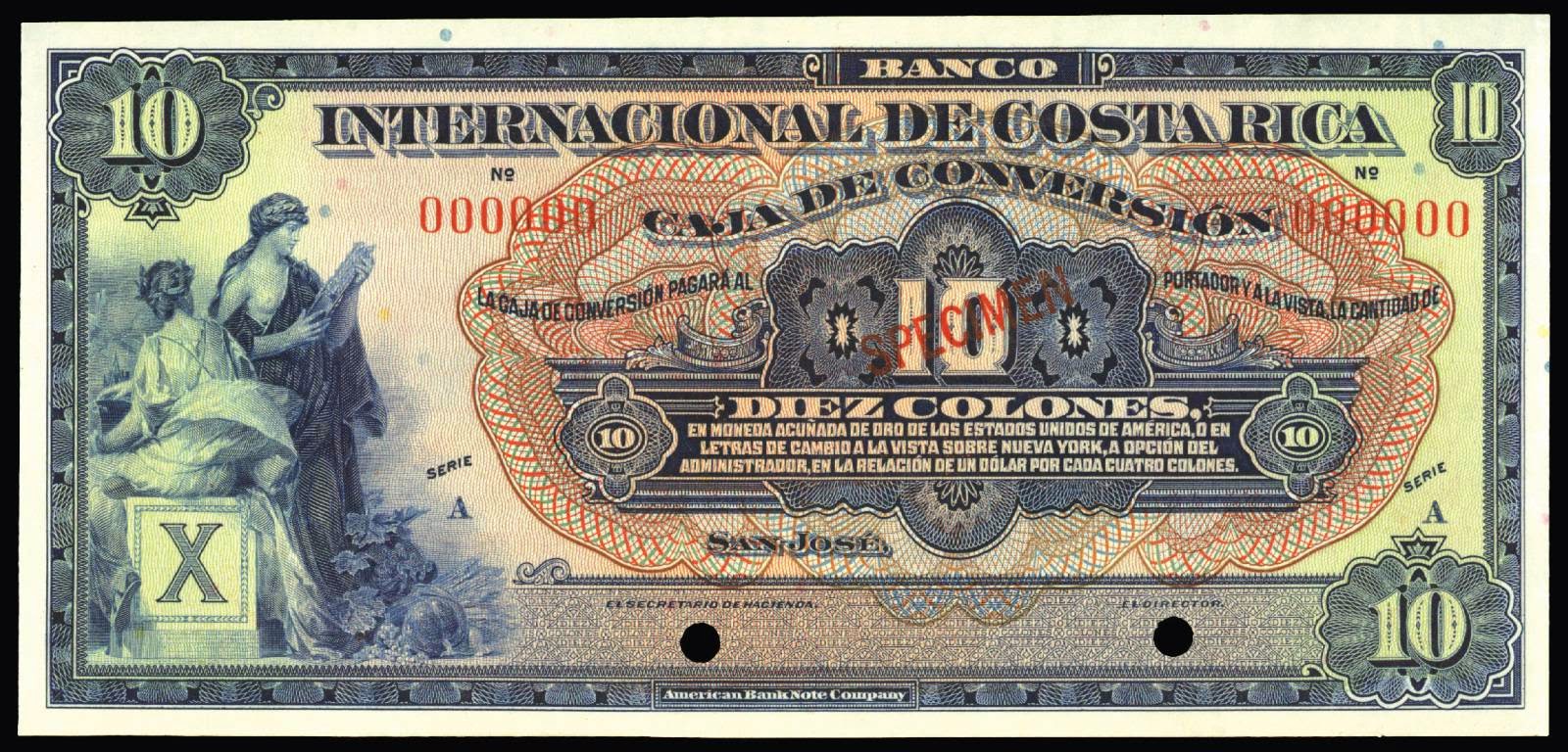 Banco Internacional de Costa Rica banknotes 10 Colones Allegorical woman holding steam locomotive