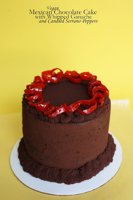 vegan mexican chocolate cake with whipped ganache and candied serrano peppers