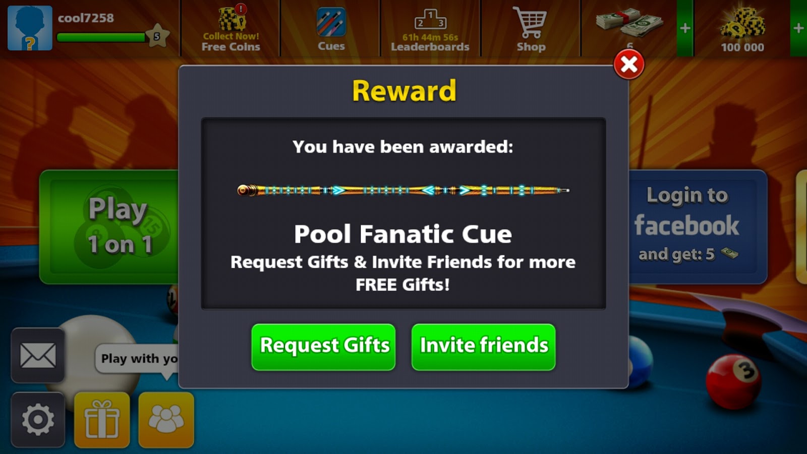 8 Ball Pool Free Pool Fanatic Cue + Some Rewards Coins 7th ...