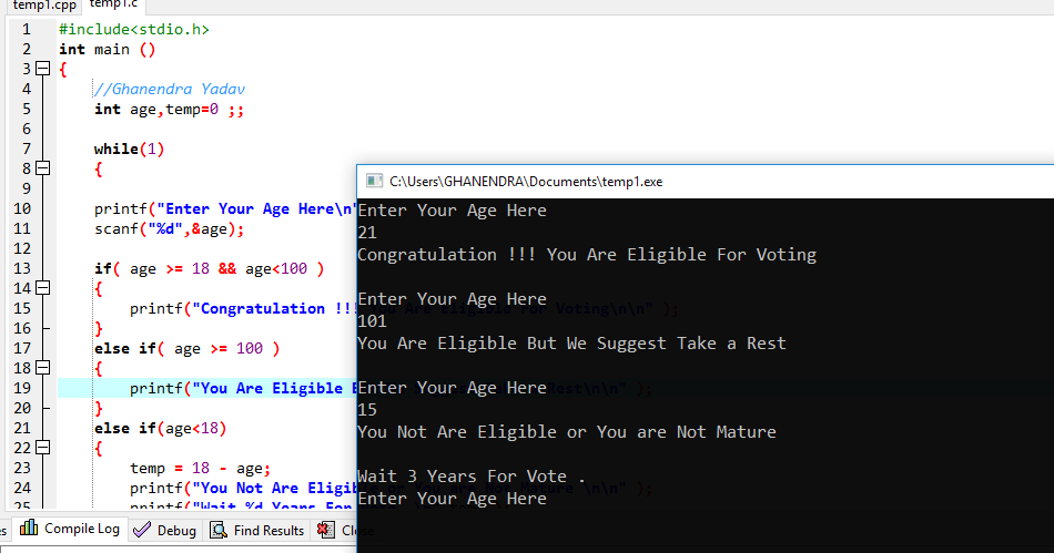C Program For Check You Are Eligible For Voting Or Not