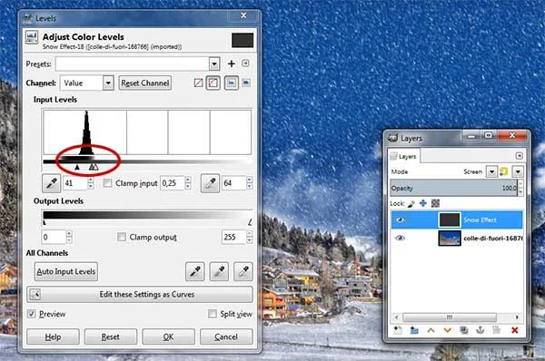 The Levels dialog box. Set the Input Levels slider to get your desired snow effect.