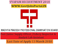 Madhya Pradesh Professional Examination Board Recruitment 2018 – 219 Junior Supply Officer, Fishery Inspector & Analyst Lab Assistant