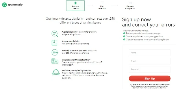 Grammarly signup form