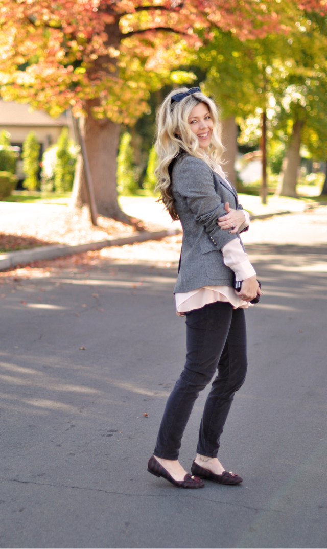 preppy with an edge, gray pink oxblood plum outfit