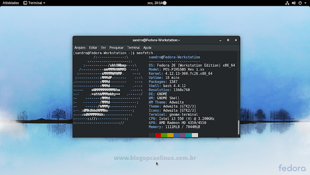 Área de trabalho do Fedora 26 Workstation (GNOME) após realizar o upgrade