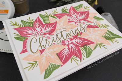 This pretty Christmas card is super easy to create, and a fun way to showcase a sentiment with a matching die.  Fun Stampers Journey Poinsettia Burst, and Holiday Script Stamps used.  