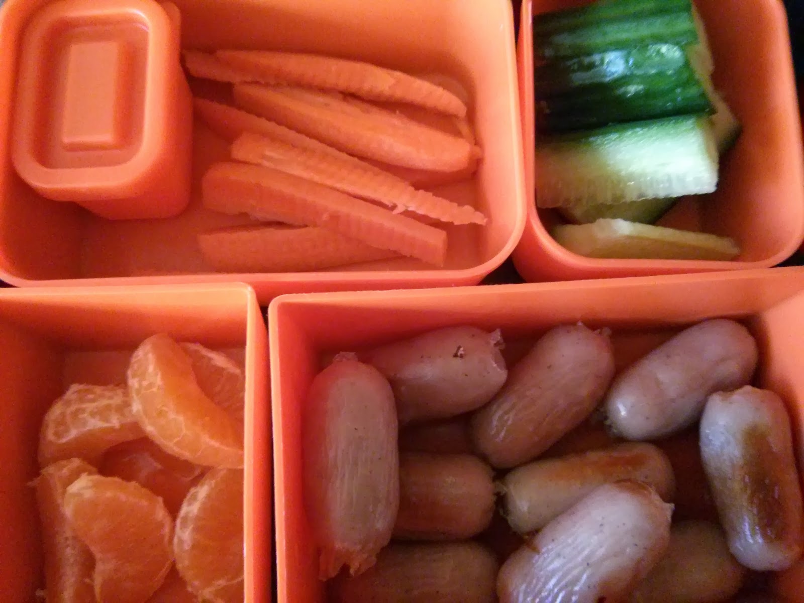 Carrots with Hummus, Cucumber, Satsuma and Sausages