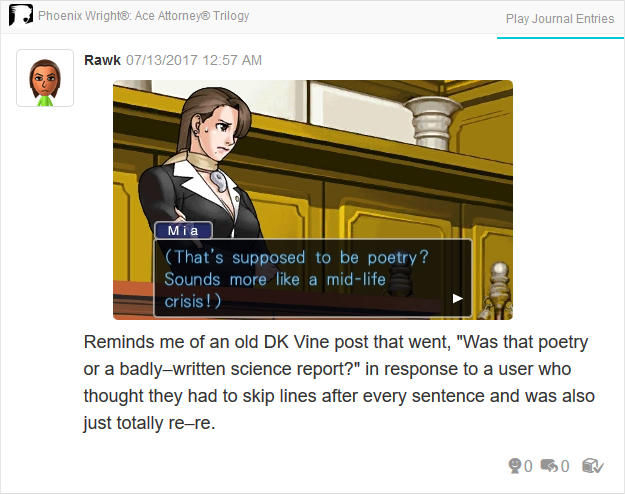 Phoenix Wright Ace Attorney Trials and Tribulations Mia Fey poetry mid-life crisis DK Vine