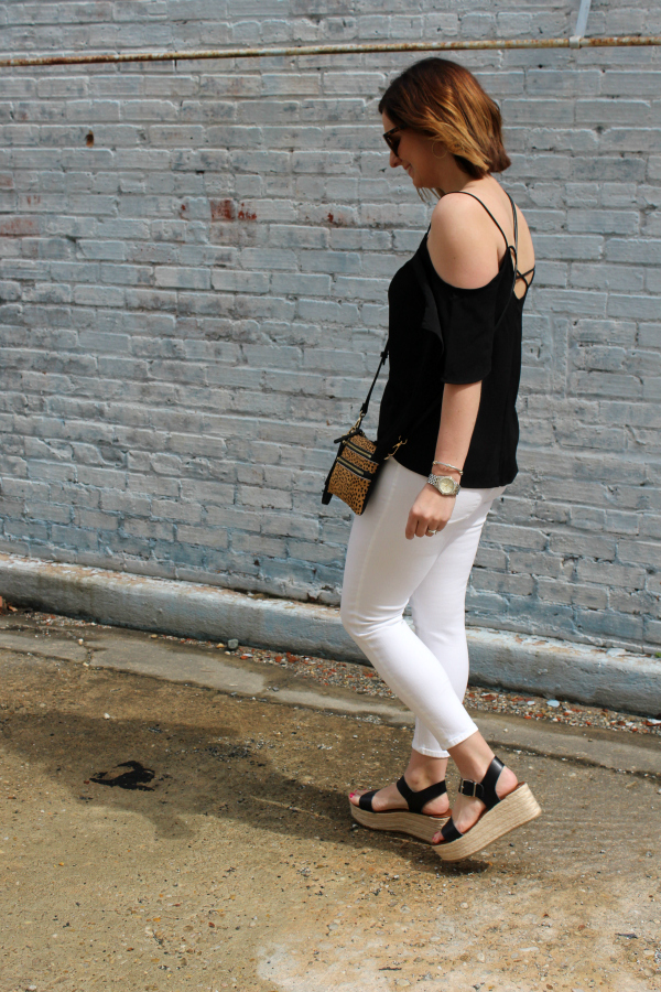 off the shoulder top, how to wear white denim, spring style, style on a budget