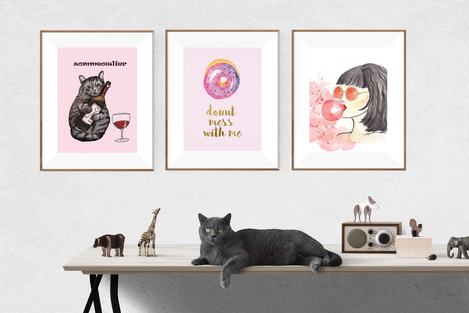 Cat illustrations by Stella Visual, fashion illustration poster on  a wall