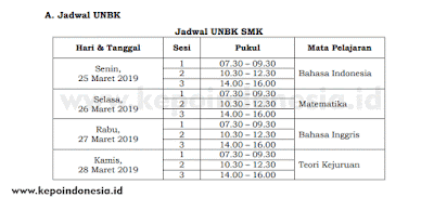 Jadwal Ujian Nasional SMK tahun pelajaran 2018/2019