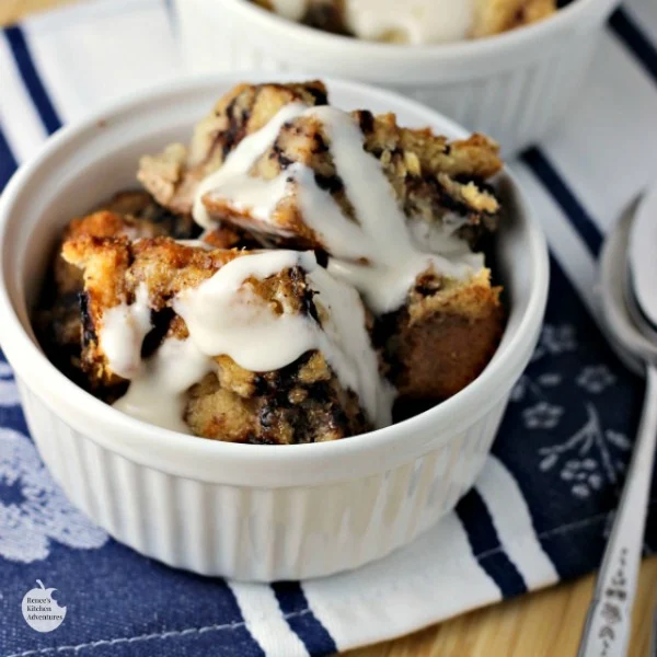 Chocolate Babka Bread Pudding | by Renee's Kitchen Adventures - Easy dessert recipe for bread pudding made with Chocolate Babka Bread full of chocolate and walnuts then drizzled with a sweet vanilla sauce #RKArecipes 