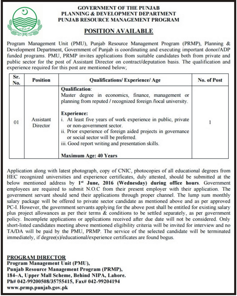 Government Jobs of Assistant Director in Planning Department Jobs in