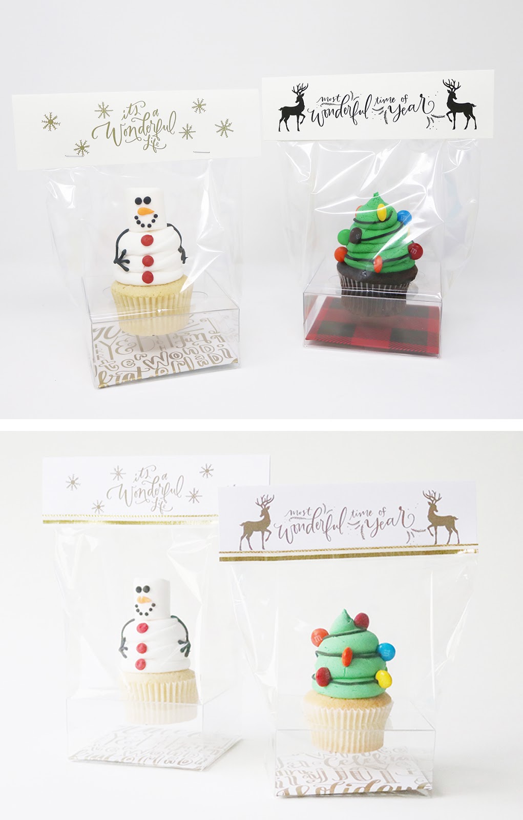 Snowman and Christmas tree cupcakes packaged for gift giving - free download for the gift topper printables | Creative Bag and Bake Sale Toronto