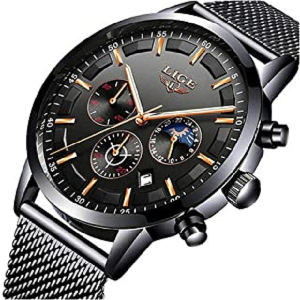 B07VNJNWFD - Montres Homme LIGE Montre Sport Etanche Chronographe Sport Noir Acier Inoxydable Mesh de Design Montre pour Homme Calendrier de Date Chronomètre Analogique..