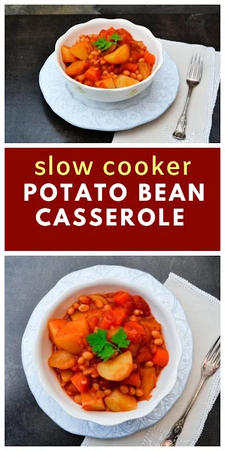 A lightly spiced vegan casserole made in the slow cooker or crockpot. Potatoes, carrots and haricot beans in a spicy tomato sauce makes a comforting family meal. Leftover portions can be chilled or frozen. #slowcookerstew #slowcookercasserole #slowcookervegetablestew #stew #vegetablestew #vegetablecasserole #haricotbeans #potatoes #easyslowcooker #crockpotstew #crockpotbeanstew #crockpotcasserole #veganstew