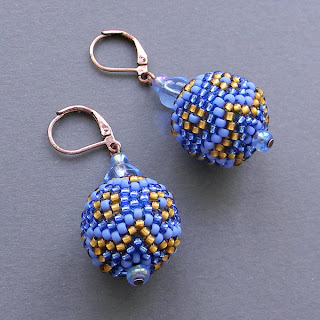 beaded bead beadwork seed bead earrings blue gold beadwoven anabel