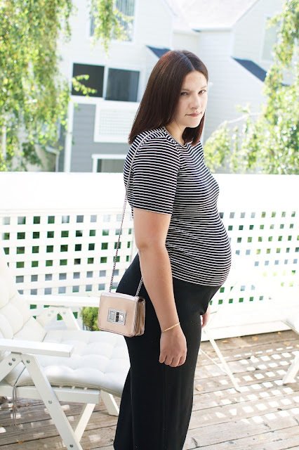 Striped tee, black culottes, rose gold bag, pregnancy outfit, maternity style, fashion, ootd, Topshop