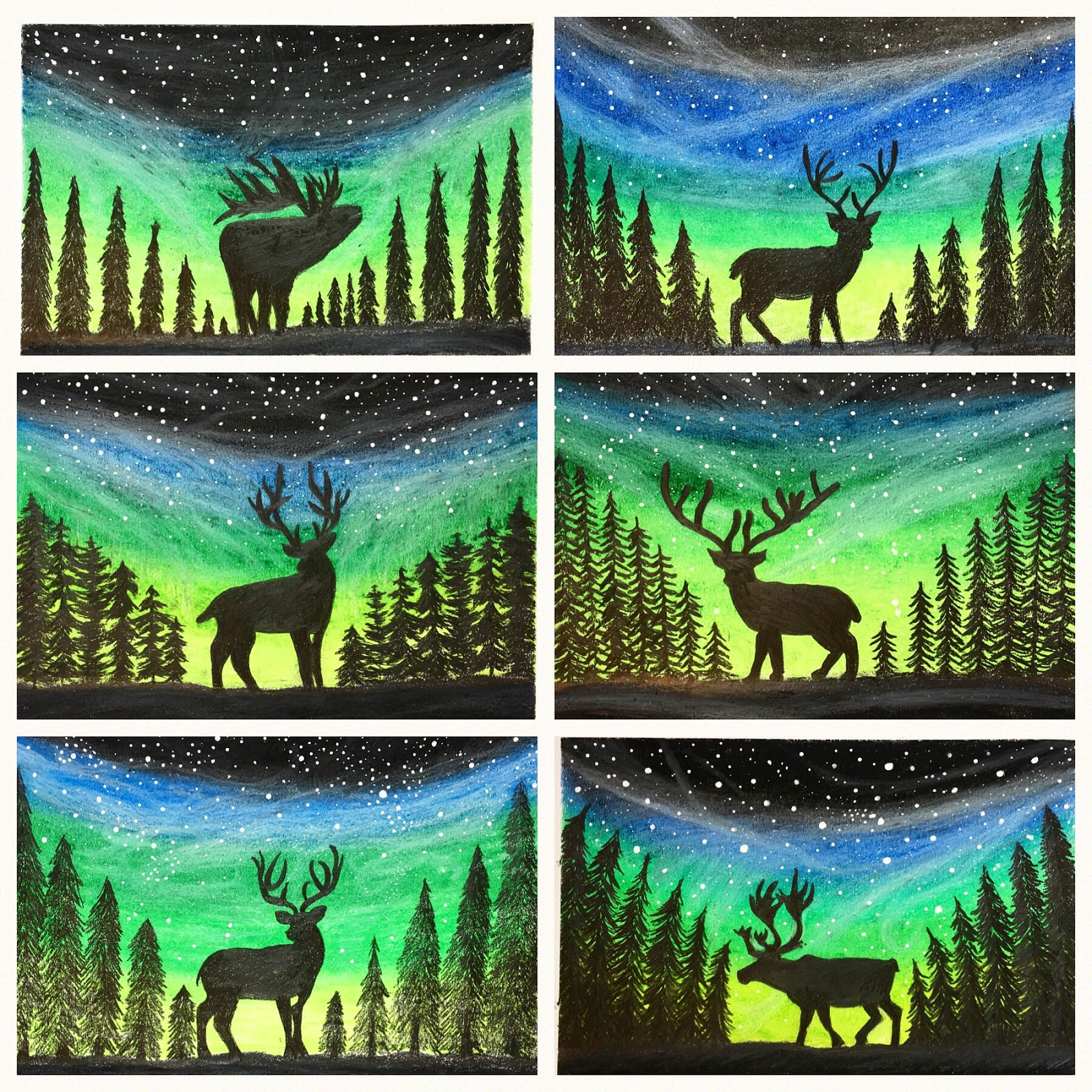 Art Room Britt: Silhouetted Deer and Trees with Aurora