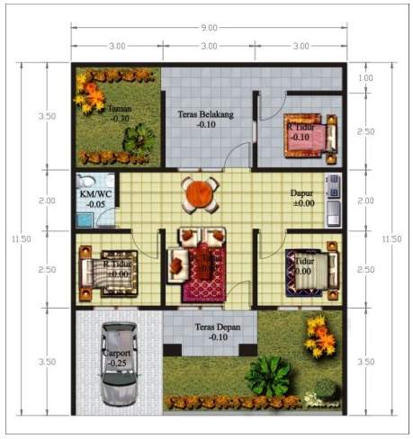 8 Contoh  Denah Rumah  Minimalis  1 Lantai 3  Kamar  Desain  