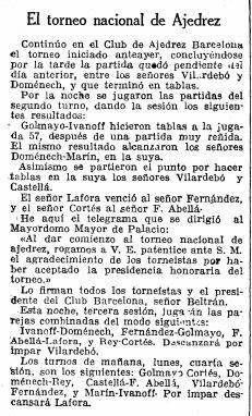 Recorte de La Vanguardia sobre el Torneo Nacional de Ajedrez Barcelona 1926, 26/9/1926
