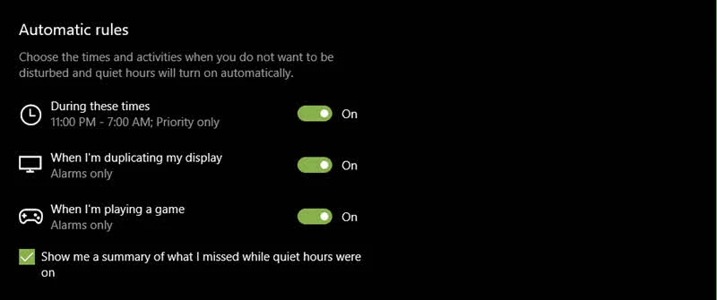 Automatic Rules set in Windows 10 Quiet Hours Settings