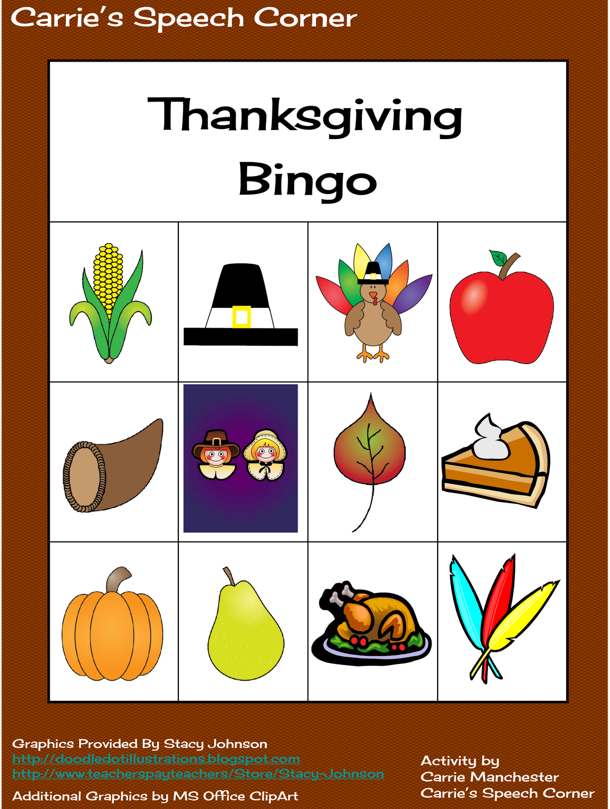 Carrie's Speech Corner: Thanksgiving FREEBIE! - Thanksgiving Bingo For Kids Printable
