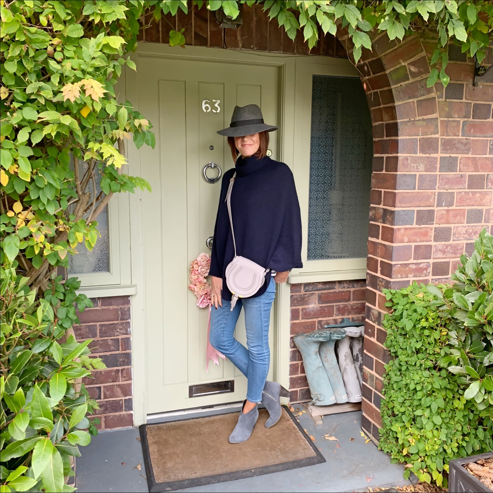 my midlife fashion, italy in cashmere, pure cashmere roll neck poncho cape, zara felt fedora, chloe marcie small cross body bag, hush thornton ankle boots