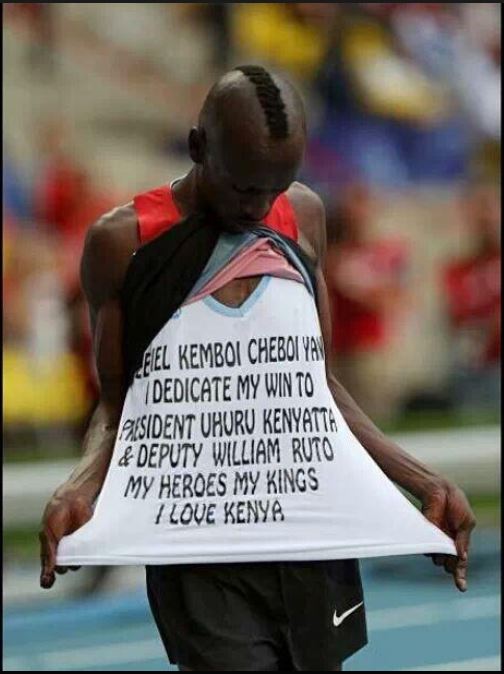 PHOTOS Ezekiel Kemboi Dedicates Win To President Uhuru With a Printed