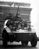 Allied tanks entering liberated Paris during World War II
