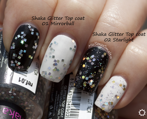 Shaka Glitter top coat: 01 Mirrorball - 02 Starlight su bianco e nero