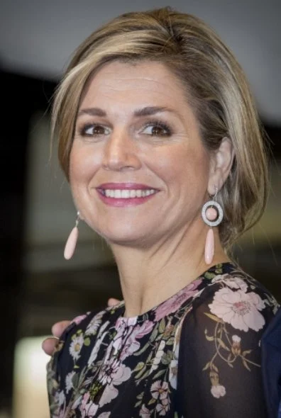 Queen Maxima wore Giambattista Valli Appliquéd Floral Print Silk Georgette Gown and Gianvito Rossi gold sandals, Gold earrings at Theaters Tilburg