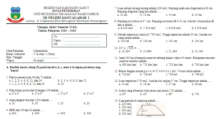 Soal UAS Matematika kelas 5 Semester 1  Soal Revisi