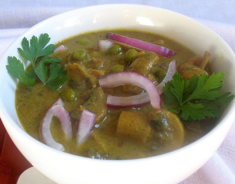 Mushroom Green Pea Curry in a Creamy Cashew Sauce with Onion and