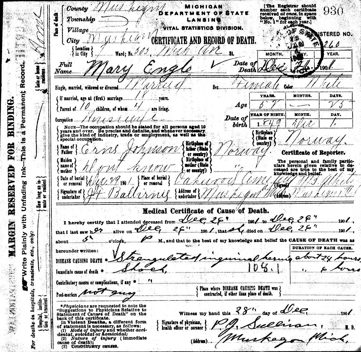 Death Certificate and Gravestone Maren "Mary" (HUSEBY) Engle A Huseby Blog