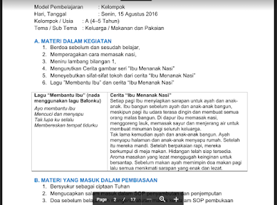  ini merupakan file baru untuk melengkapi Perangkat Pembelajaran yang anda susun RKH PAUD Tema Keluarga / Makanan dan Pakaian Semester 1 Kurikulum 2013