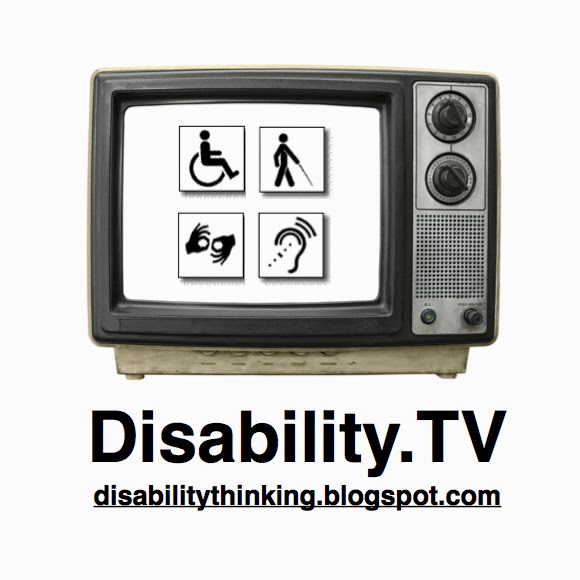 Photo of old tv set with four disability symbols on the screen - Disability.TV - disability thinking.blogspot.com
